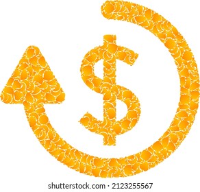 Icono de mosaico de devolución de oro vectorial. La restitución se aísla sobre un fondo blanco. Mosaico de artículos de oro basado en el icono de reembolso. La imagen icónica del reembolso del mosaico se hace con partes amarillas.