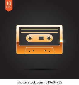 Vector gold retro cassette icon on dark background 