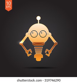 Vector gold retro robot toy icon on dark background 