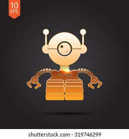 Vector gold retro robot toy icon on dark background 