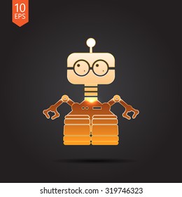 Vector gold retro robot toy icon on dark background 