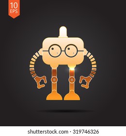 Vector gold retro robot toy icon on dark background 
