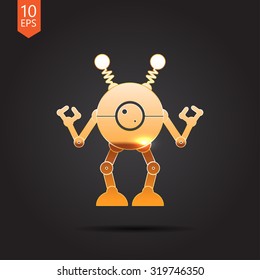 Vector gold retro robot toy icon on dark background 