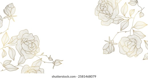 Vector gold rose line background, flower illustration, border, frame. Plant chinese linear blossom, royal elegant ornament