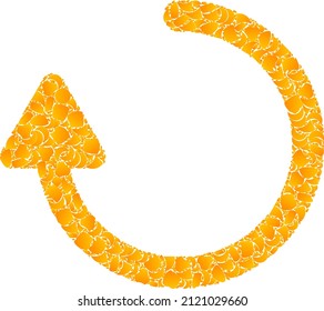 Vektorgold rotiert nach rechts rotierende Mosaiksymbol. Rechter Pfeil drehen ist einzeln auf weißem Hintergrund. Gold-Elemente-Mosaik auf der Grundlage des rotierenden Rechtspfeilsymbol.