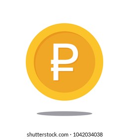 Vector gold rouble coin in flat style with shadow.