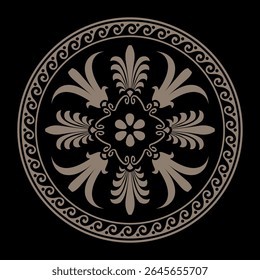 Vector gold round classic frame plate with pattern in center. Greek meander. Circle european border. Round antique border. Patterns of Greece, ancient Rome. Classic egyptian, assyrian, greek motives