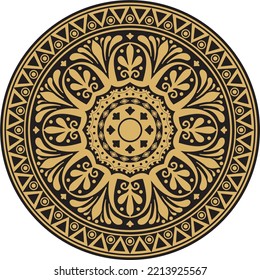 Vector Gold Round Classical Ornament Of Ancient Greece And Roman Empire. Circle, Arabesque, Byzantine Pattern.
