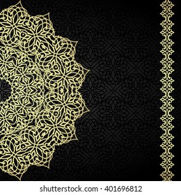 Vector gold round element in Eastern style on black background. Ornate element for design. Place for text. Ornamental pattern for wedding invitations, greeting cards. Traditional outline decor.