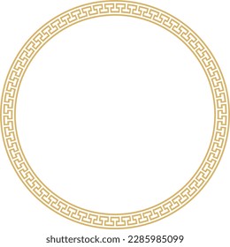 Vector gold round monochrome frame, border, classic greek meander ornament. Patterned circle, ring of Ancient Greece and the Roman Empire.
