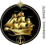 Vector gold sailing ship with a wind rose and an anchor
