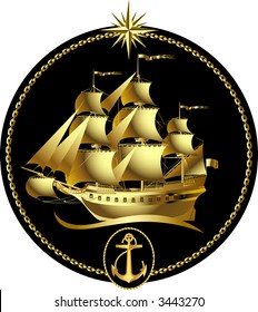 Vector gold sailing ship with a wind rose and an anchor