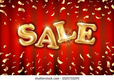 vector Gold sale balloons background on red curtain store banners, advertising, shopping. Logo, logotype, sign, symbol. text, selling, web banner header. Abstract golden confetti special offer, price