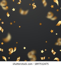 Vector gold scattered confetti, golden ribbons and stars on black background. Holiday illustration for greeting card, banner, decor, design, party. 
