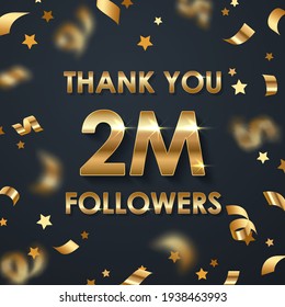 Vector gold scattered confetti, golden ribbons, stars and text Thank you 2m followers on black background. Holiday illustration for greeting card, banner, decor, design, party. 