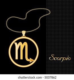 vector, GOLD SCORPIO NECKLACE, gold chain, for the astrology Water Sign, textured black background. EPS8 organized in groups for easy editing.