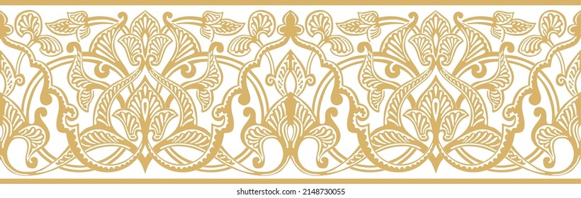 Vector gold seamless arabic ornament. Orange endless arabesque, border.