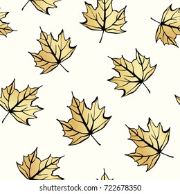 Vector gold seamless background of falling leaves with black contouring. Autumn contour illustration. Seamless pattern of maple leaves, fall gold design. 