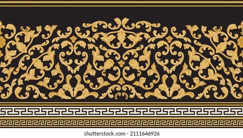 Vector gold seamless border print on a black background. Greek meander frieze, Baroque golden flower scrolls. 5 pattern brushes in the brush palette