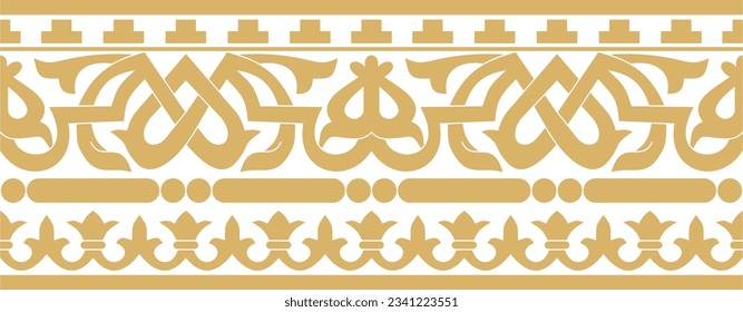 Ornamento bizantino clásico sin fisuras de oro vectorial. Frontera interminable, Grecia Antigua, marco Imperio Romano Oriental. Decoración de la Iglesia Ortodoxa Rusa.
