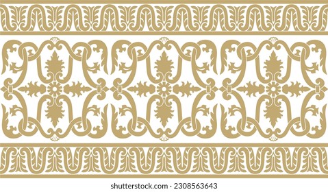 Vector gold seamless classic renaissance ornament. Endless european border, revival style frame.
