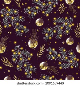 Vector gold seamless pattern with Christmas Decorations. Electric garland, balls, brunches, glitters.