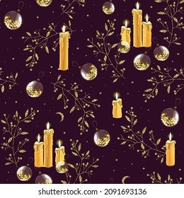 Vector gold seamless pattern with Christmas Decorations. Candles, balls, brunches, glitters.