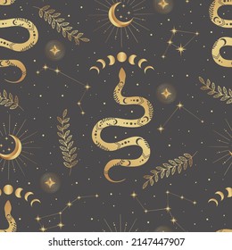 Vector gold seamless pattern with constellations, snakes, leaves, moon and stars. Mystical esoteric background for design of fabric, packaging, astrology, phone case, wrapping paper.