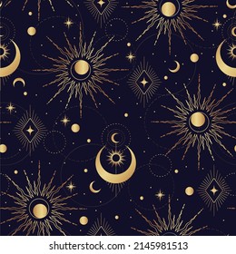 Vector gold seamless pattern with esoteric mystical elements. Trendy background for design of fabric, package, astrology, yoga mat, phone case.