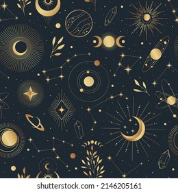 Patrón de oro vectorial sin fisuras con elementos místicos esotéricos. Fondo de moda para el diseño de tela, paquete, astrología, alfombra de yoga, estuche de teléfono.