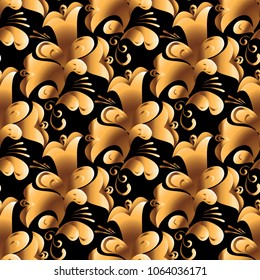 Vector gold seamless pattern, floral texture. Original floral pattern on black background. Trendy gold texture.Vector gold seamless pattern, floral texture with flowers and plants.