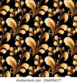 Vector gold seamless pattern, floral texture. Original floral pattern on black background. Trendy gold texture.Vector gold seamless pattern, floral texture with flowers and plants.