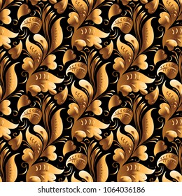 Vector gold seamless pattern, floral texture. Original floral pattern on black background. Trendy gold texture.Vector gold seamless pattern, floral texture with flowers and plants.