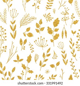 Vector gold seamless pattern, floral texture with hand drawn flowers and plants. Floral ornament. Original floral pattern on white background. Trendy gold glitter texture