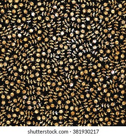 Vector gold seamless pattern, floral texture. Floral ornament. Original floral pattern on black background. Trendy gold glitter texture