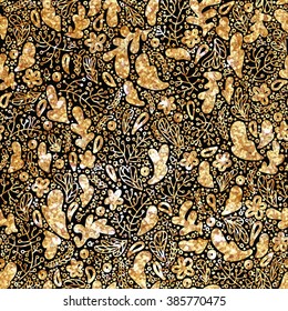 Vector gold seamless pattern, floral texture. Original floral pattern on black background.Trendy gold glitter texture.Vector gold seamless pattern, floral texture with flowers and plants.