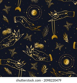 Vector gold seamless pattern of hands with signs magic sun and stars. Mystical esoteric trendy background for design of fabric, packaging, phone case, astrology.