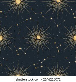 Vector Gold Seamless Pattern With Sun, Constellations, Stars. Trendy Background For Design Of Fabric, Package, Astrology, Yoga Mat, Phone Case.