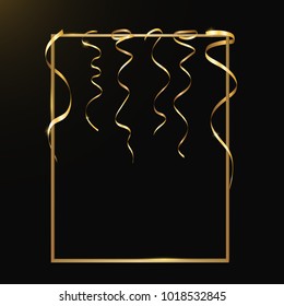 Vector gold serpentine, ribbon with  isolated on black background. Card for party, holiday design, decor. Vector illustration.