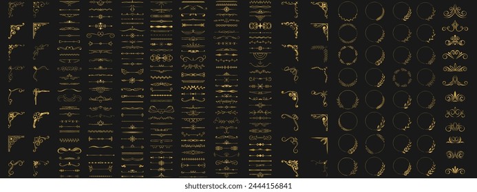 Vector Gold conjunto de Elementos de diseño caligráficos y decoración de página. Divisores de texto dibujados a mano y Elementos gráficos. Vector diseños florales