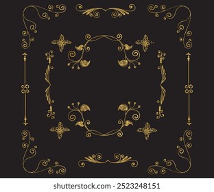 Vector Gold set of calligraphic design elements and page decor. Hand drawn text dividers and graphic elements. Vector floral designs, Gold photo frame with corner Thailand line floral for picture.