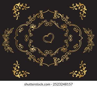 Vector Gold set of calligraphic design elements and page decor. Hand drawn text dividers and graphic elements. Vector floral designs, Gold photo frame with corner Thailand line floral for picture.