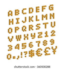 Vector Gold set of pixel alphabet isolated on white background.