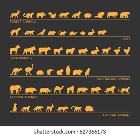 Vector gold set of silhouettes pets, forest and farm animals. Icon african and australian animals.