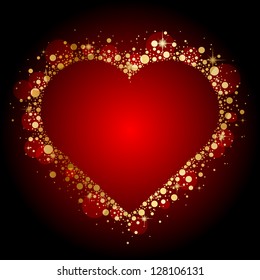 Vector gold shiny heart on red background