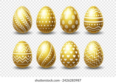 Vector gold shiny metal 3D realistic Easter eggs with ornament on a transparent background. Easter egg hunt element.