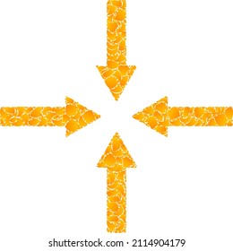 Vector gold shrink arrows mosaic icon. Shrink arrows is isolated on a white background. Gold items collage based on shrink arrows icon. Mosaic shrink arrows iconic image is done with yellow elements.