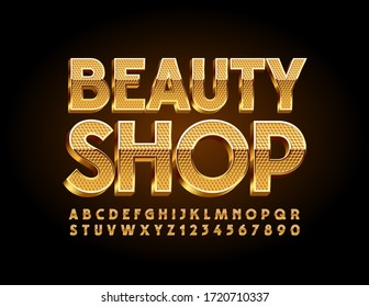 Vector Gold Sign Beauty Shop With 3D Shiny Font. Luxury Textured Alphabet Letters And Numbers