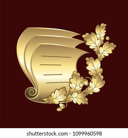 Vector gold sign with paper scroll and oak branch on dark Burgundy background