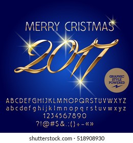 Vector gold silk ribbon Merry Christmas 2017 greeting card with set of letters, symbols and numbers. File contains graphic styles